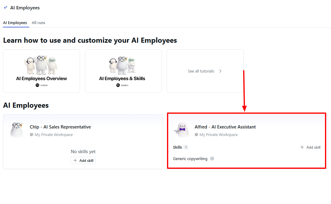 AI employees section in motion