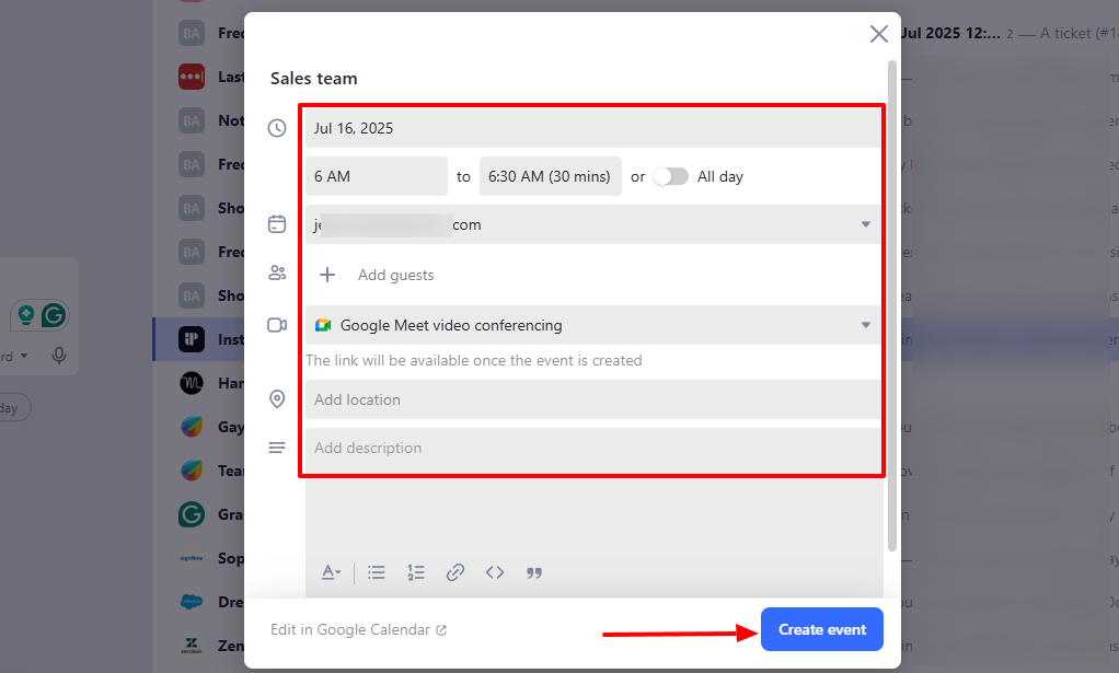 Screenshot of a calendar event creation pop-up