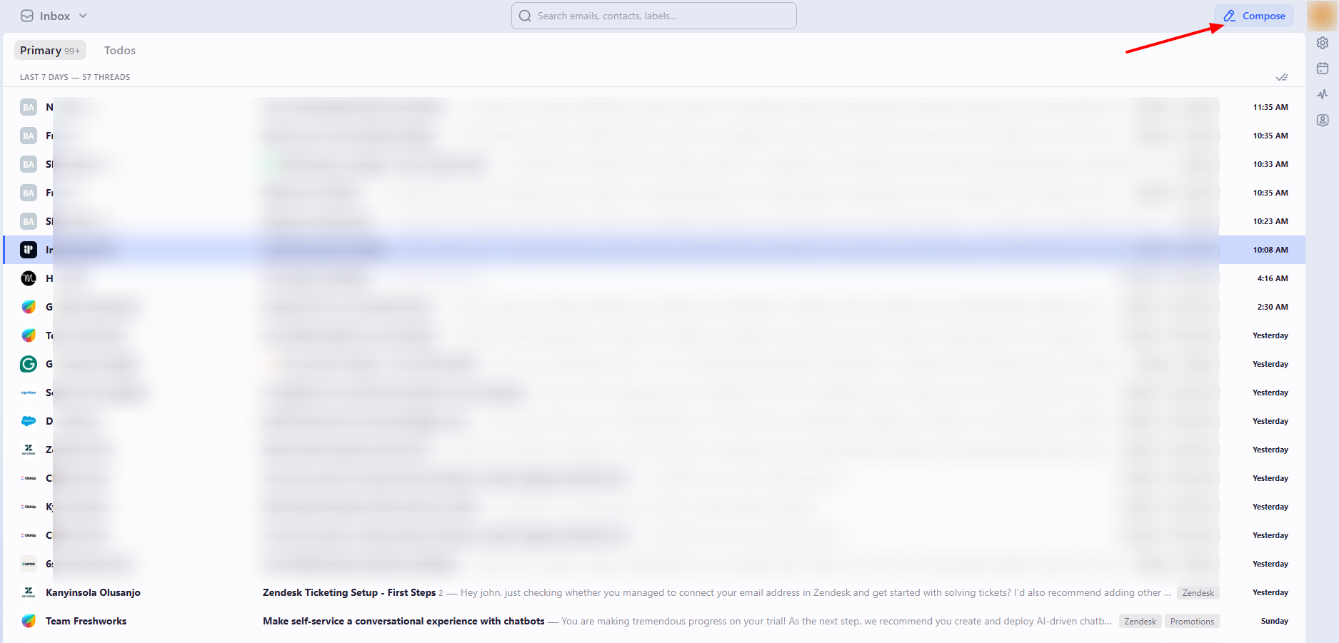 Ascreenshot highlighting the "Commpose" button in an email inbox