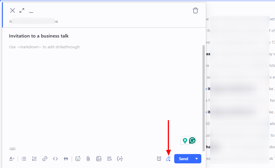 A screenshot highlighting the send button in an email draft