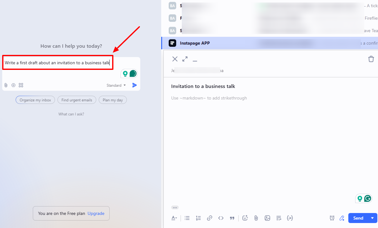 Screenshot showing an AI generating an invitation draft