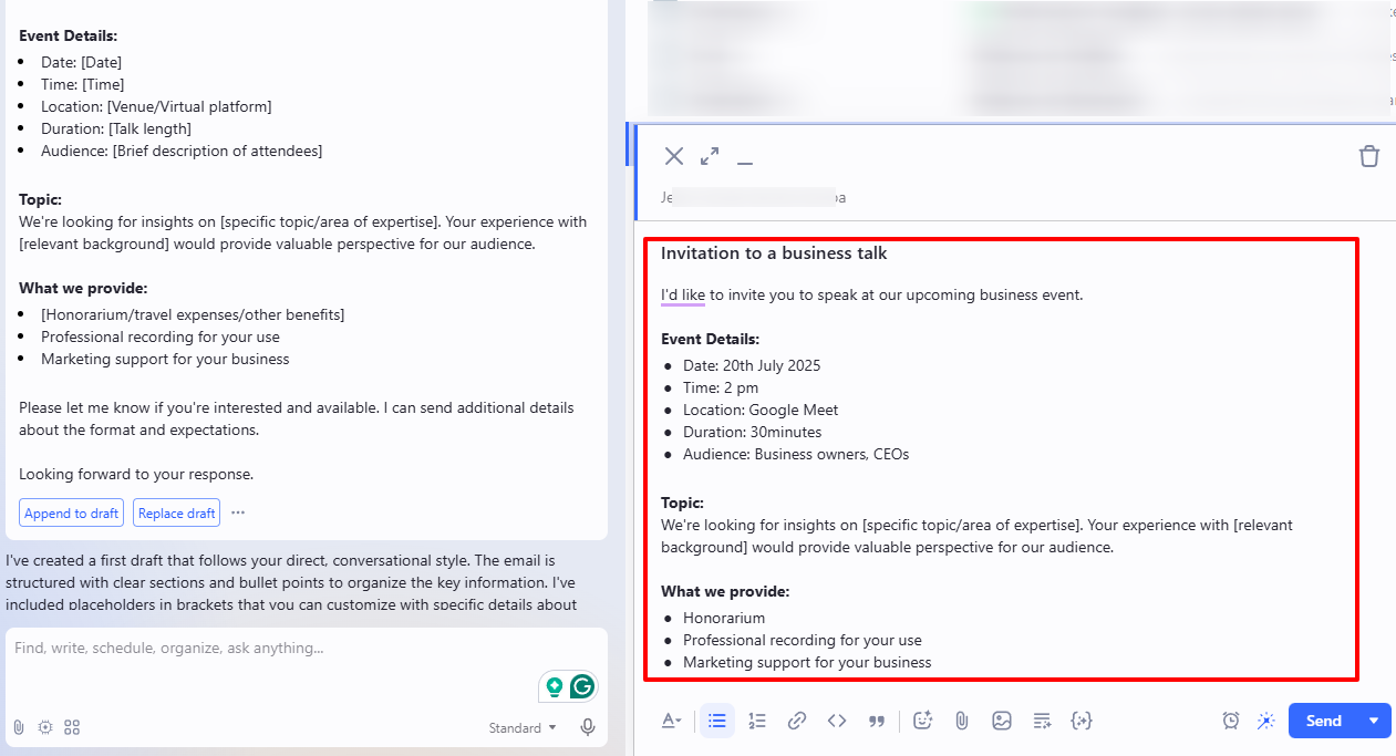 A screenshot displaying an invitation to a business talk draft