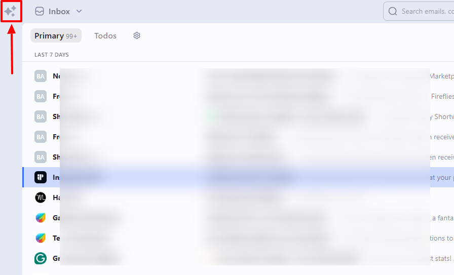 Screenshot showing an inbox a highlighted sparkle icon
