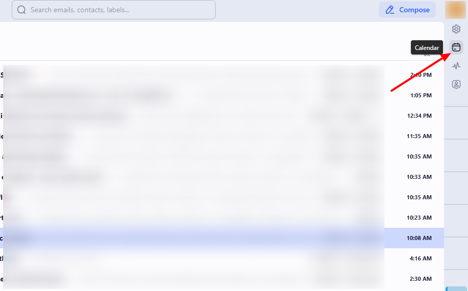 Screenshot highlighting a "Calendar" button in an email interface