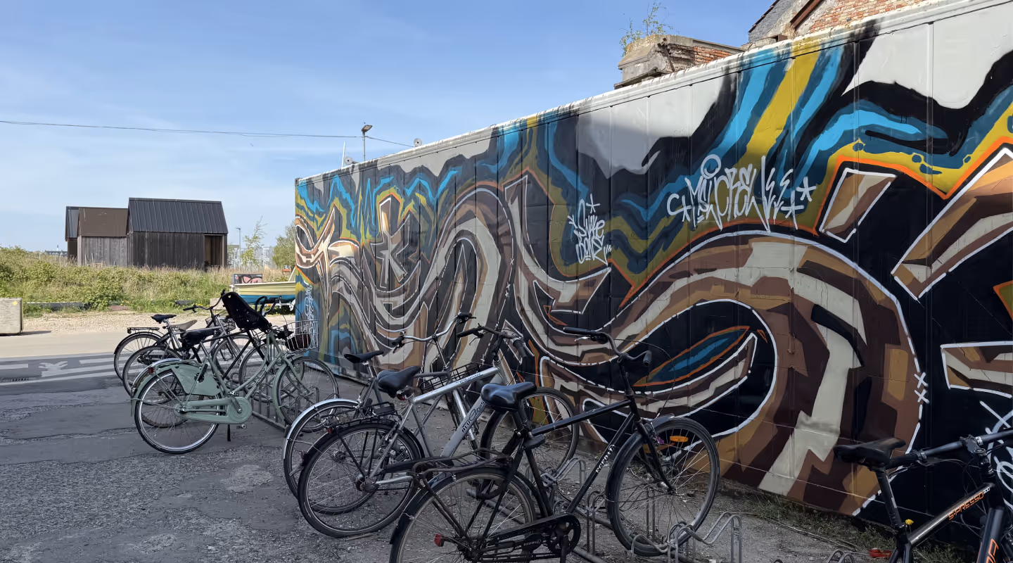 Bicycles parked in front of a wall covered with colorful graffiti art under a clear blue sky.