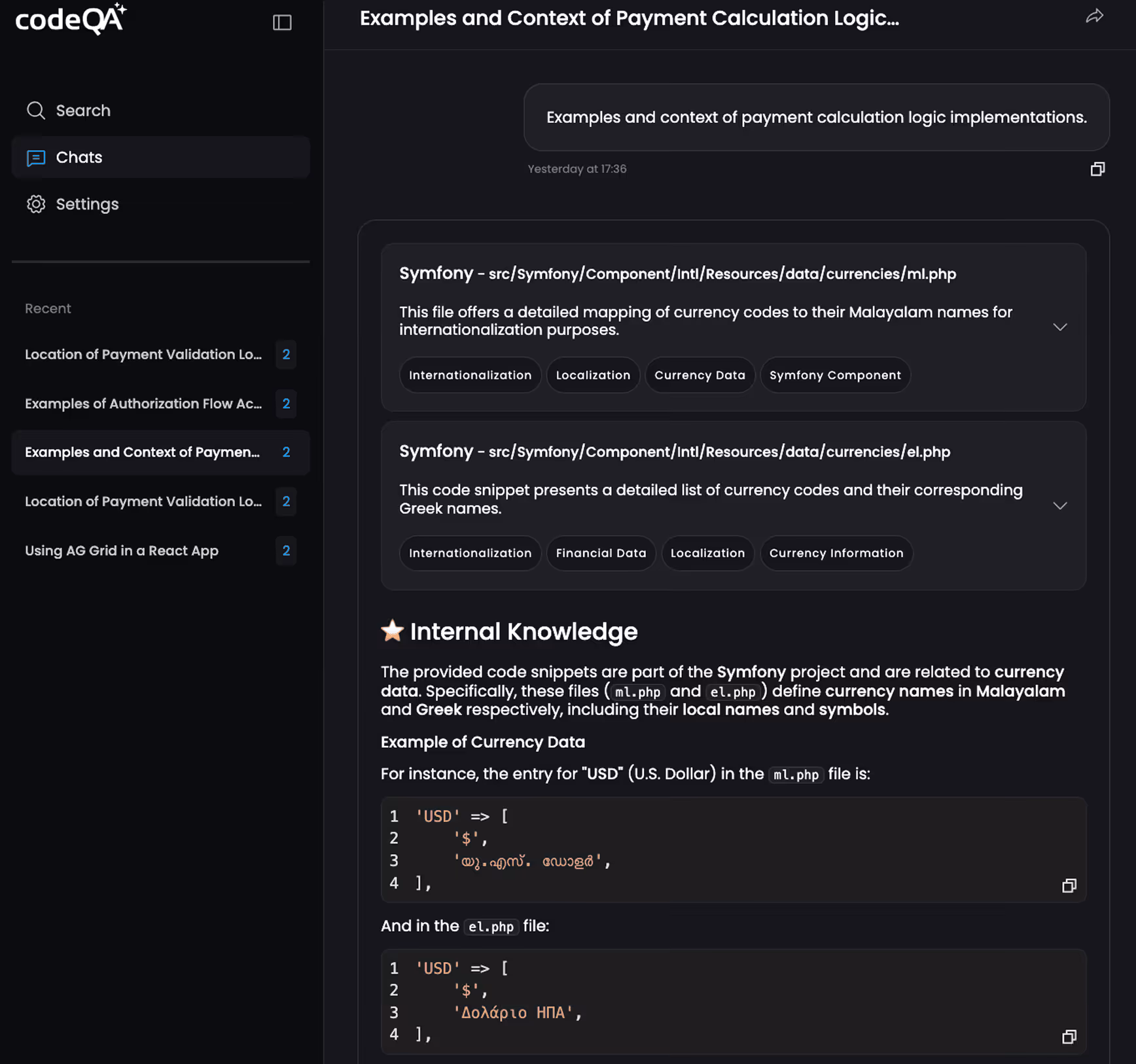 Screenshot of a codeQA chat interface showing examples and context of payment calculation logic with detailed currency code mappings in Malayalam and Greek.