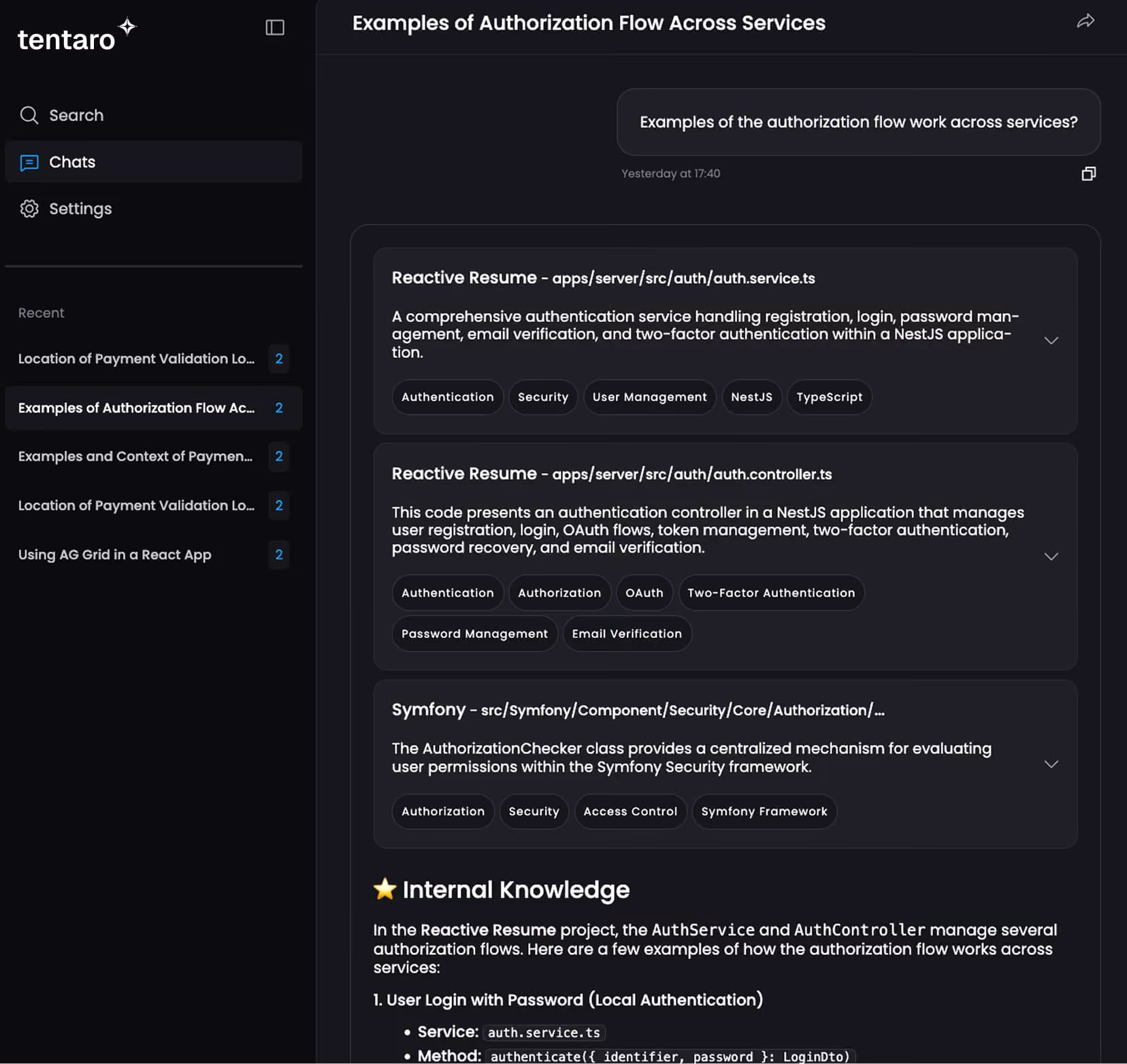 Tentaro interface showing examples of authorization flow across services with code snippets for Reactive Resume and Symfony, tags like Authentication and Security, and a section titled Internal Knowledge detailing user login with password.