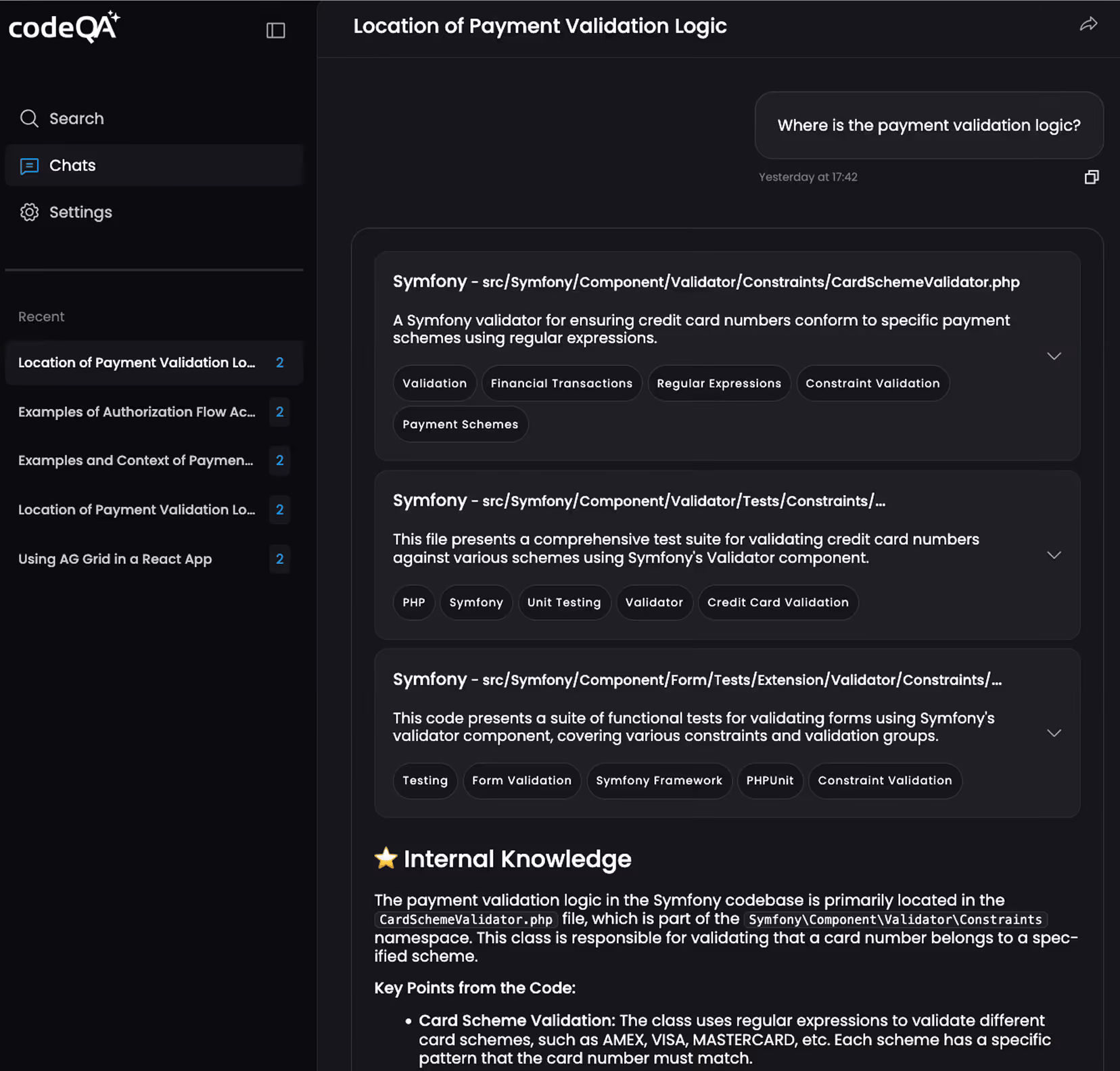Screenshot of codeQA chat interface showing a conversation about the location of payment validation logic, featuring code snippets and explanations about Symfony validator files for credit card validation.