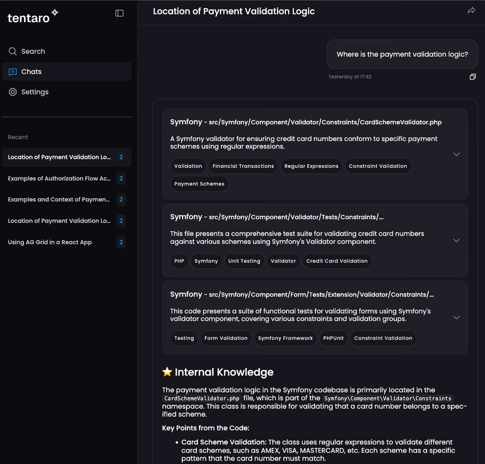 Screenshot of Tentaro chat interface showing a conversation about the location of payment validation logic, featuring code snippets and explanations about Symfony validator files for credit card validation.