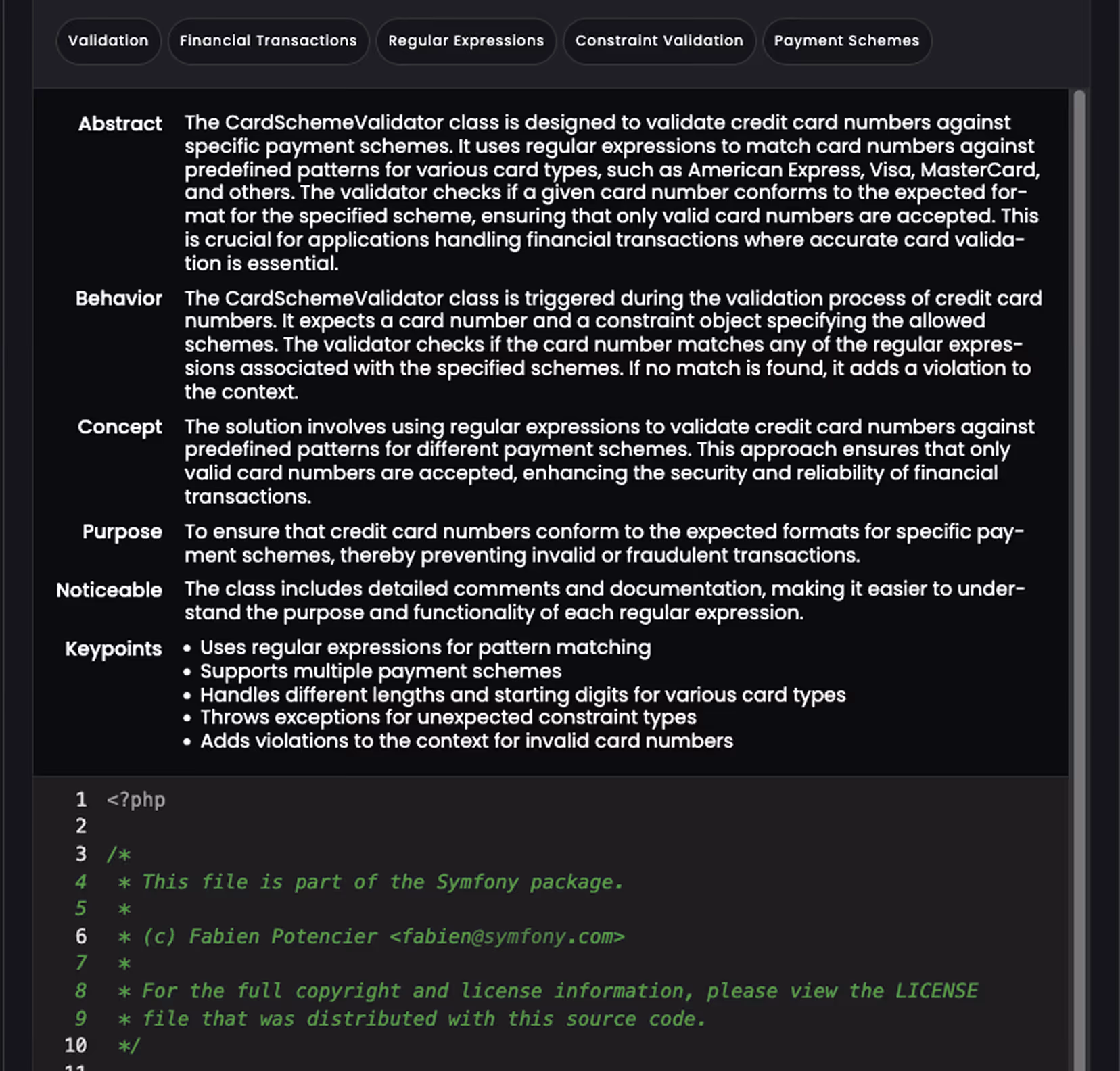 Code documentation describing the CardSchemeValidator class, which validates credit card numbers using regular expressions for specific payment schemes, with details on its abstract, behavior, concept, purpose, noticeable features, and keypoints, followed by commented PHP code.