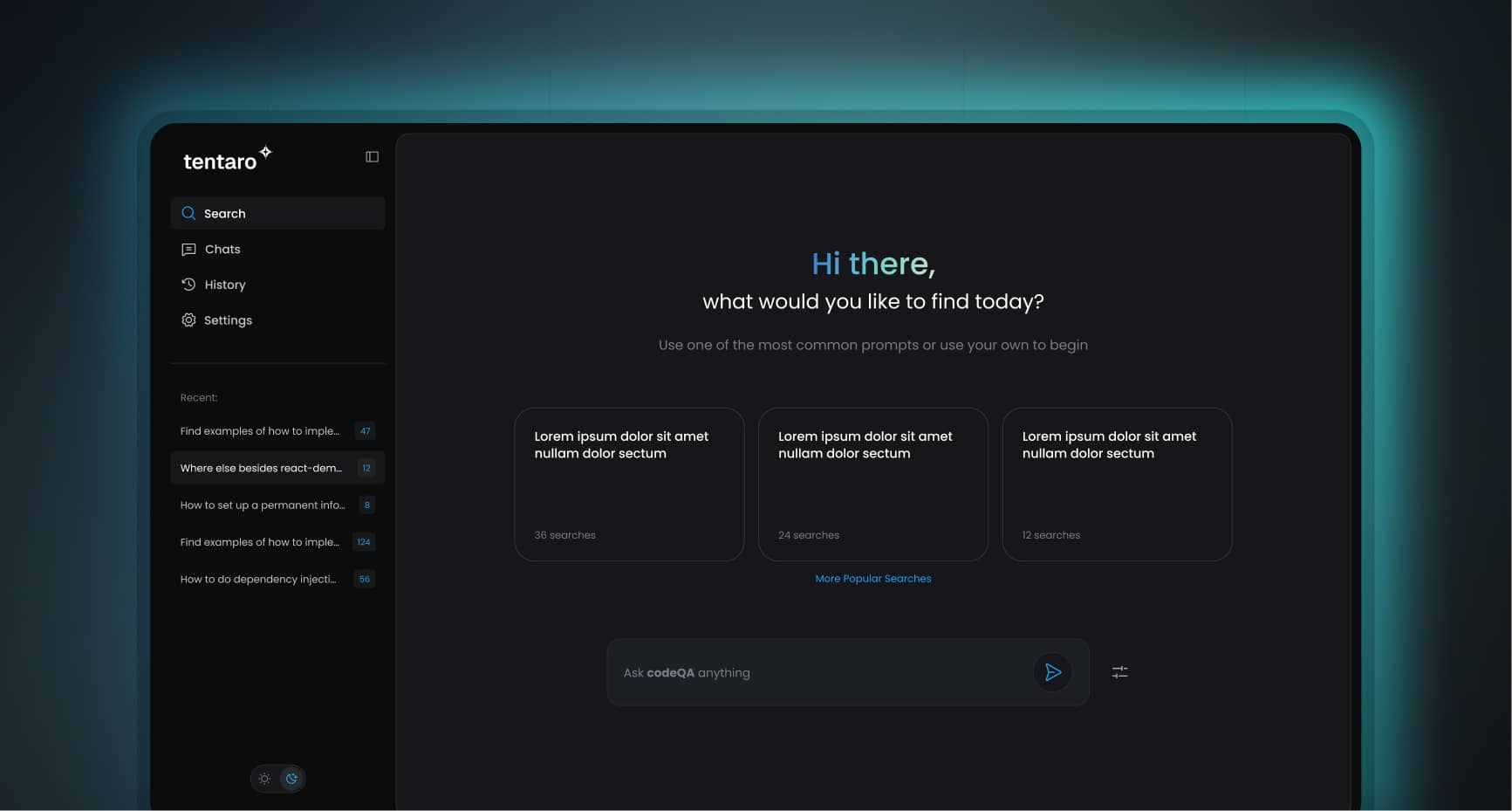 Dark-themed search interface with menu options, recent searches, popular prompts, and an input box labeled 'Ask Tentaro anything'.