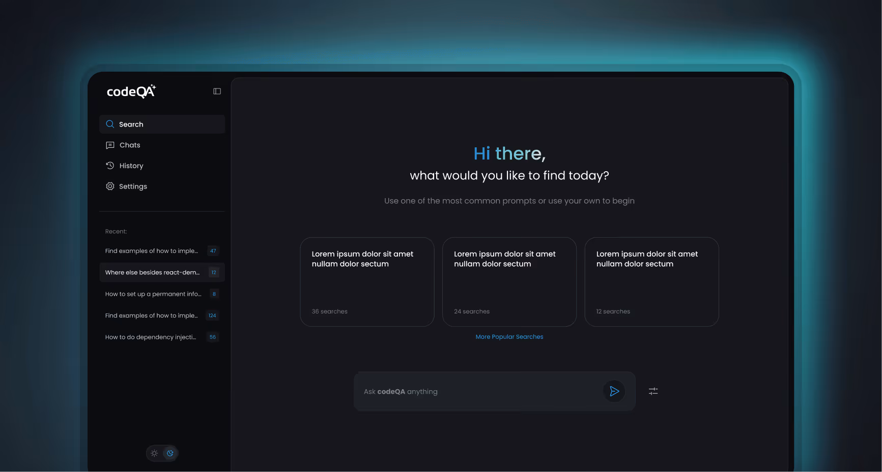 Dark-themed search interface with menu options, recent searches, popular prompts, and an input box labeled 'Ask codeQA anything'.