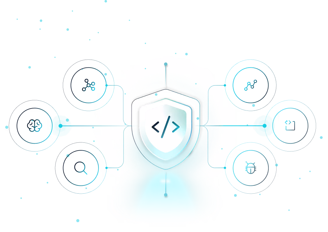 Abstract illustration of a shield with coding symbols surrounded by technology icons representing security and software development.