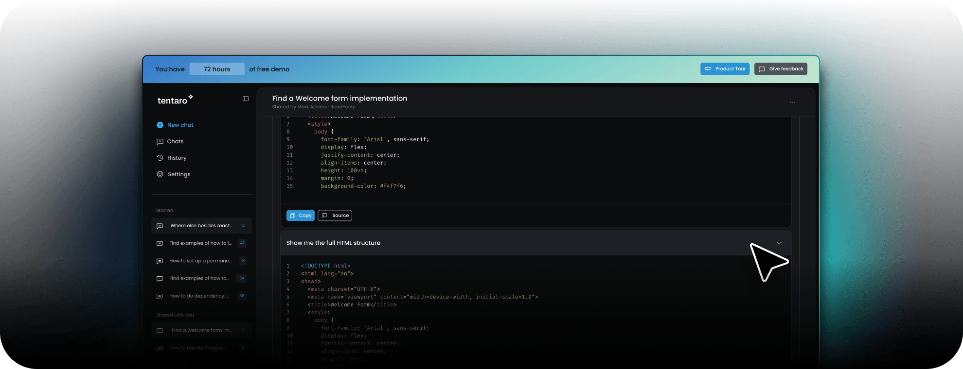Tentaro interface showing a free demo with 72 hours left, displaying HTML code snippets and a cursor pointer.