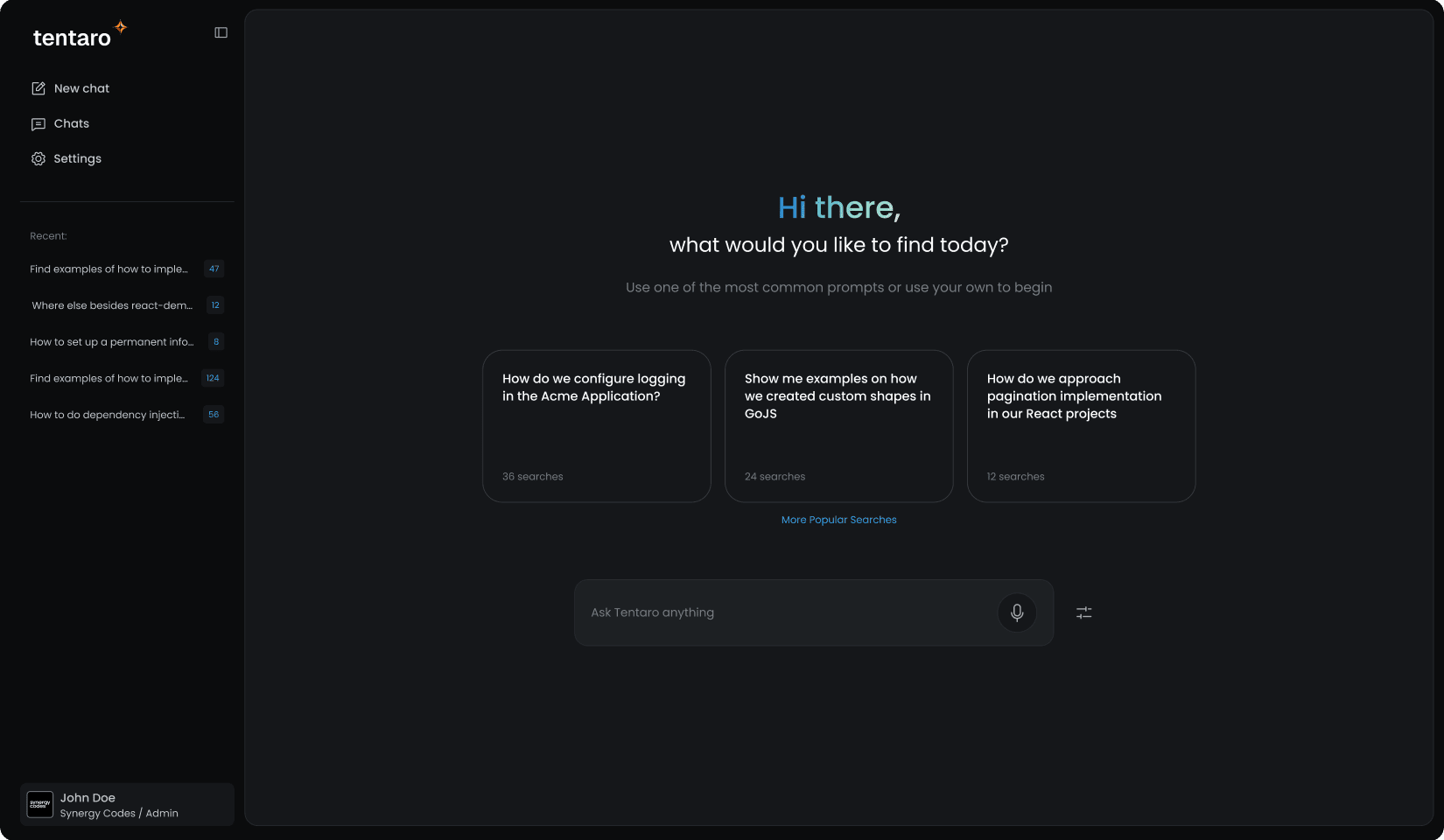 Tentaro search interface with recent searches, popular prompts and an Ask CodeQA anything input