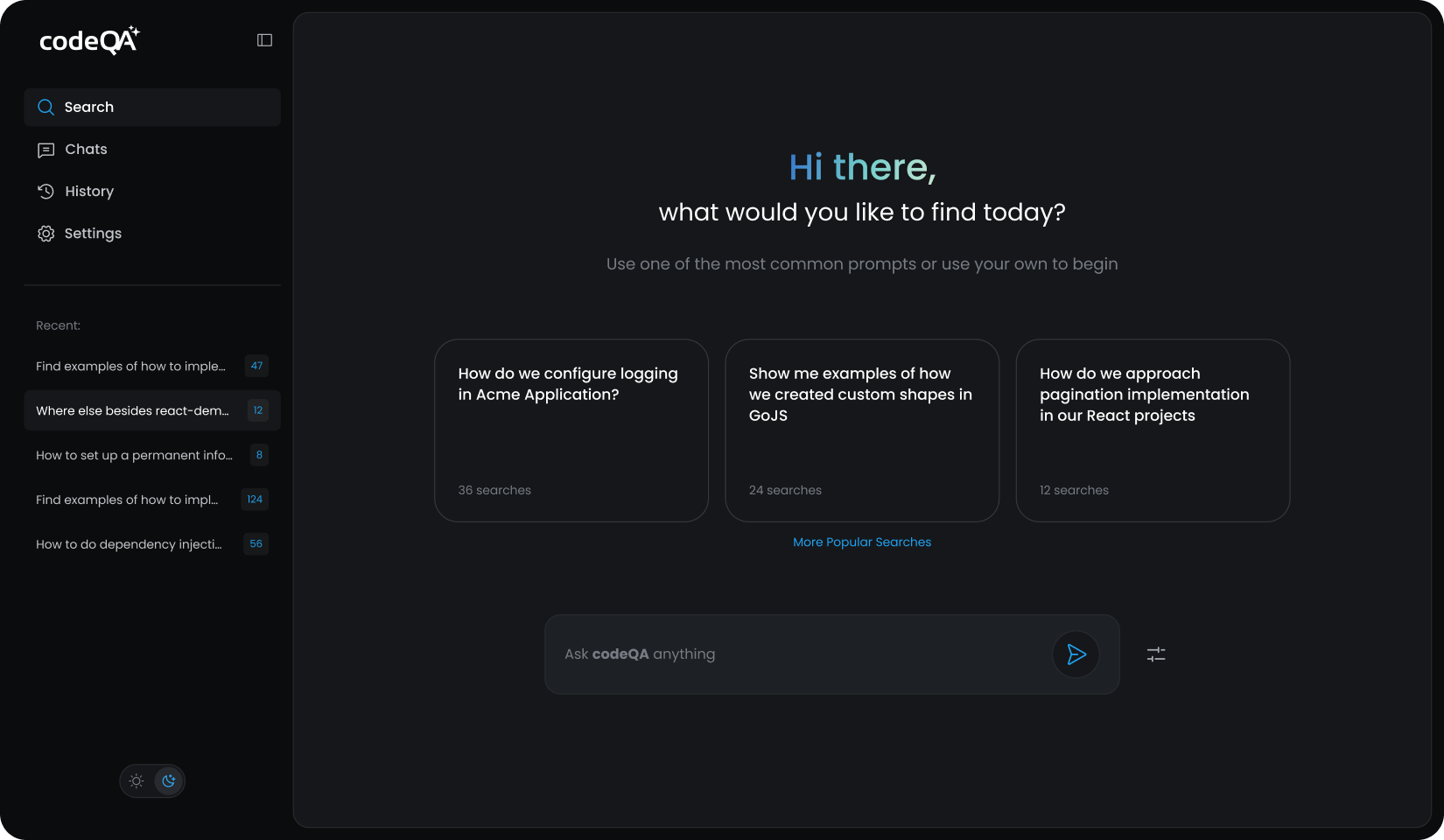 CodeQA search interface with recent searches, popular prompts and an Ask CodeQA anything input