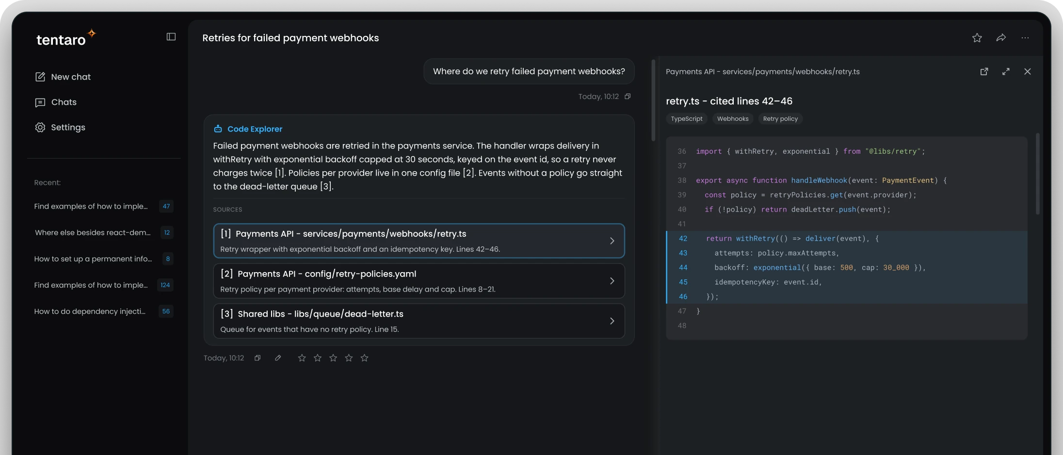 Tentaro interface: a question about payment webhook retries answered with cited files and the exact lines highlighted in the source.