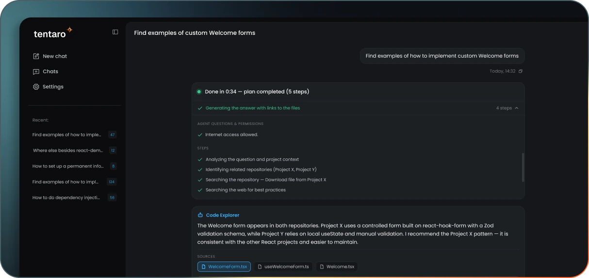 Tentaro answering a question about custom Welcome forms, with the plan it followed and the files it cited.