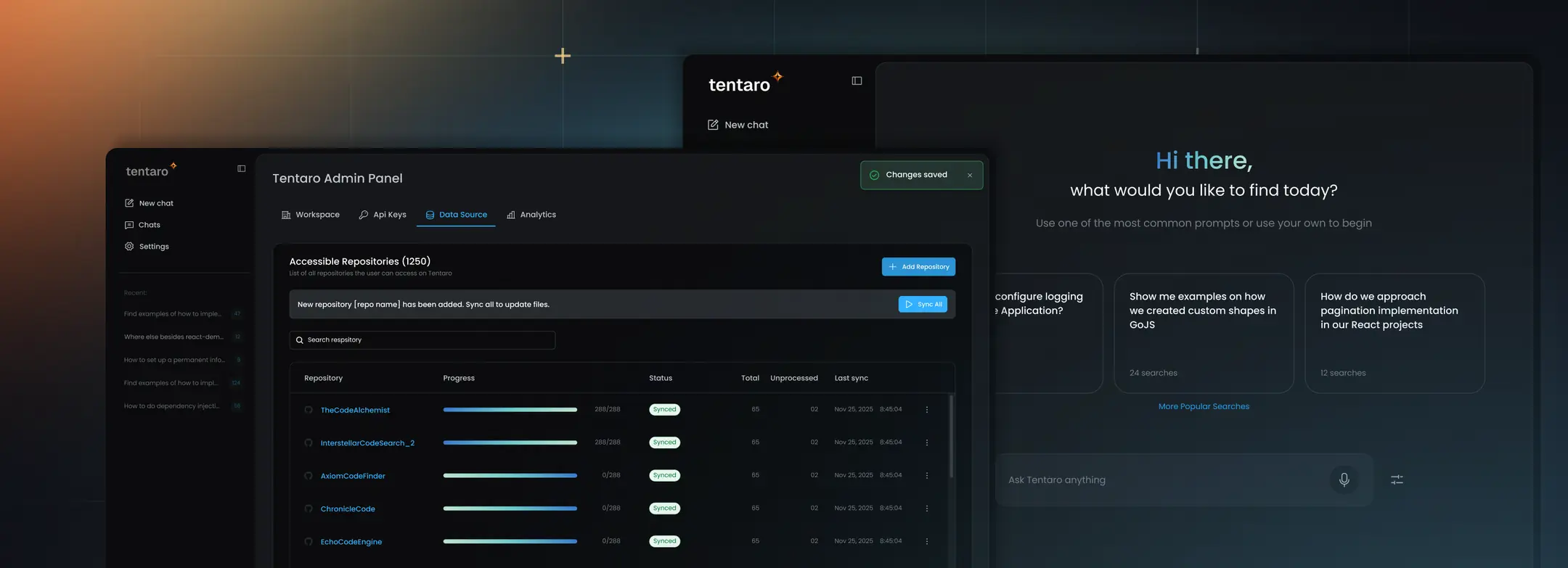 Tentaro admin panel and chat interface