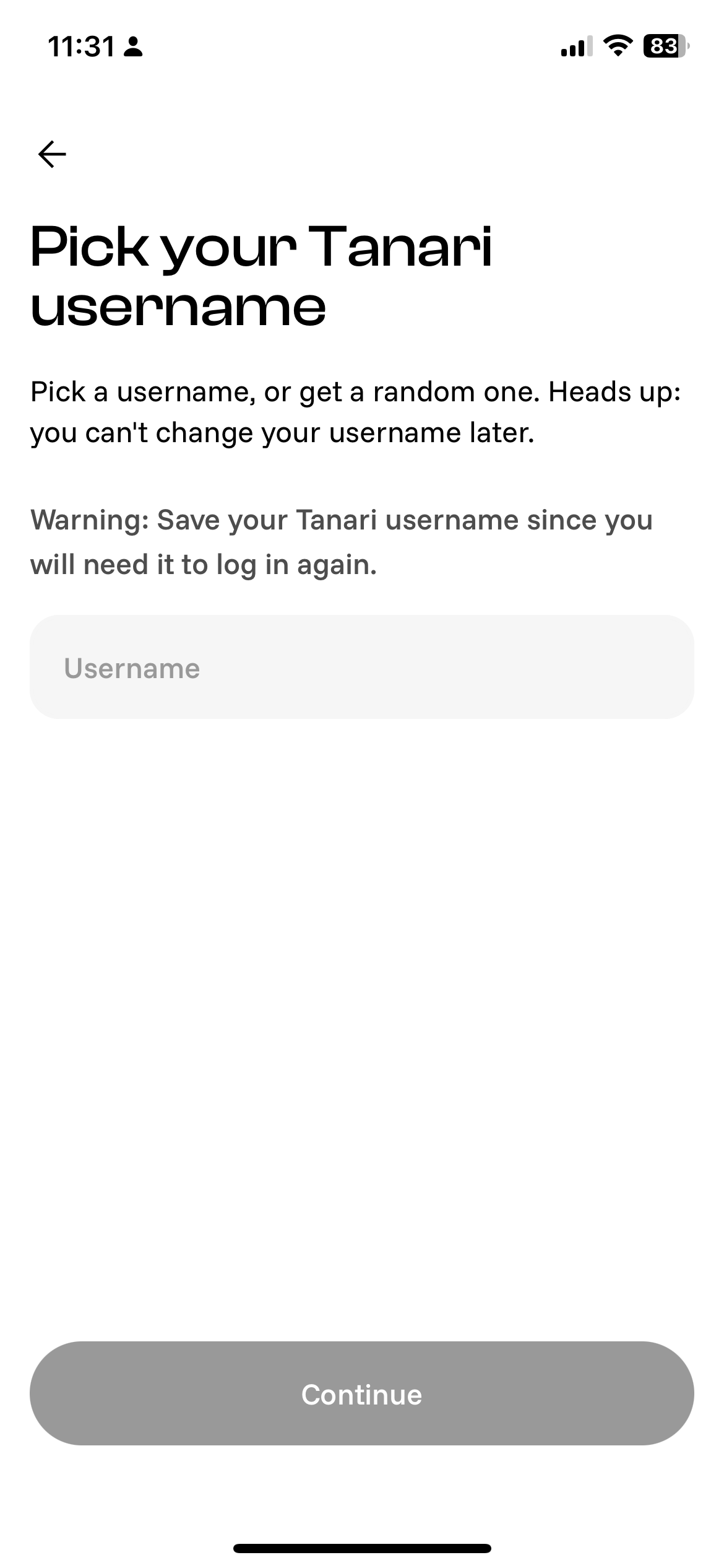 Tanari bitcoin app choosing username