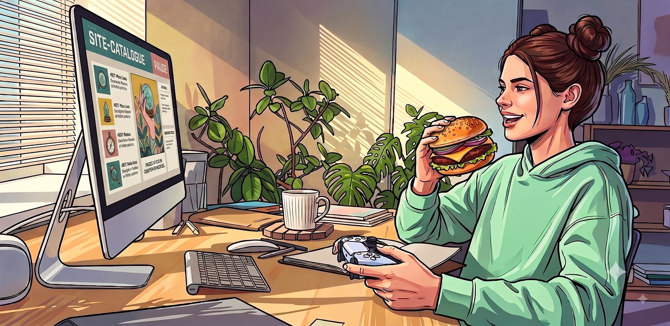 Illustration einer Teilnehmerin am Laptop während des Online-Bildungsurlaubs Open World Games