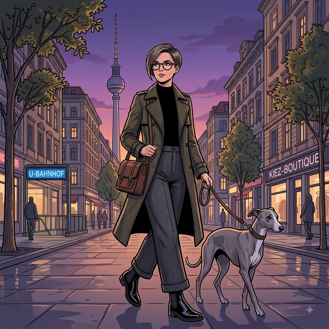 Illustration einer Teilnehmerin neben einem Auto in einer Stadtszene