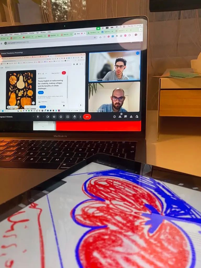 Antonis and Savvas are having a video call brainstorming in pinterest