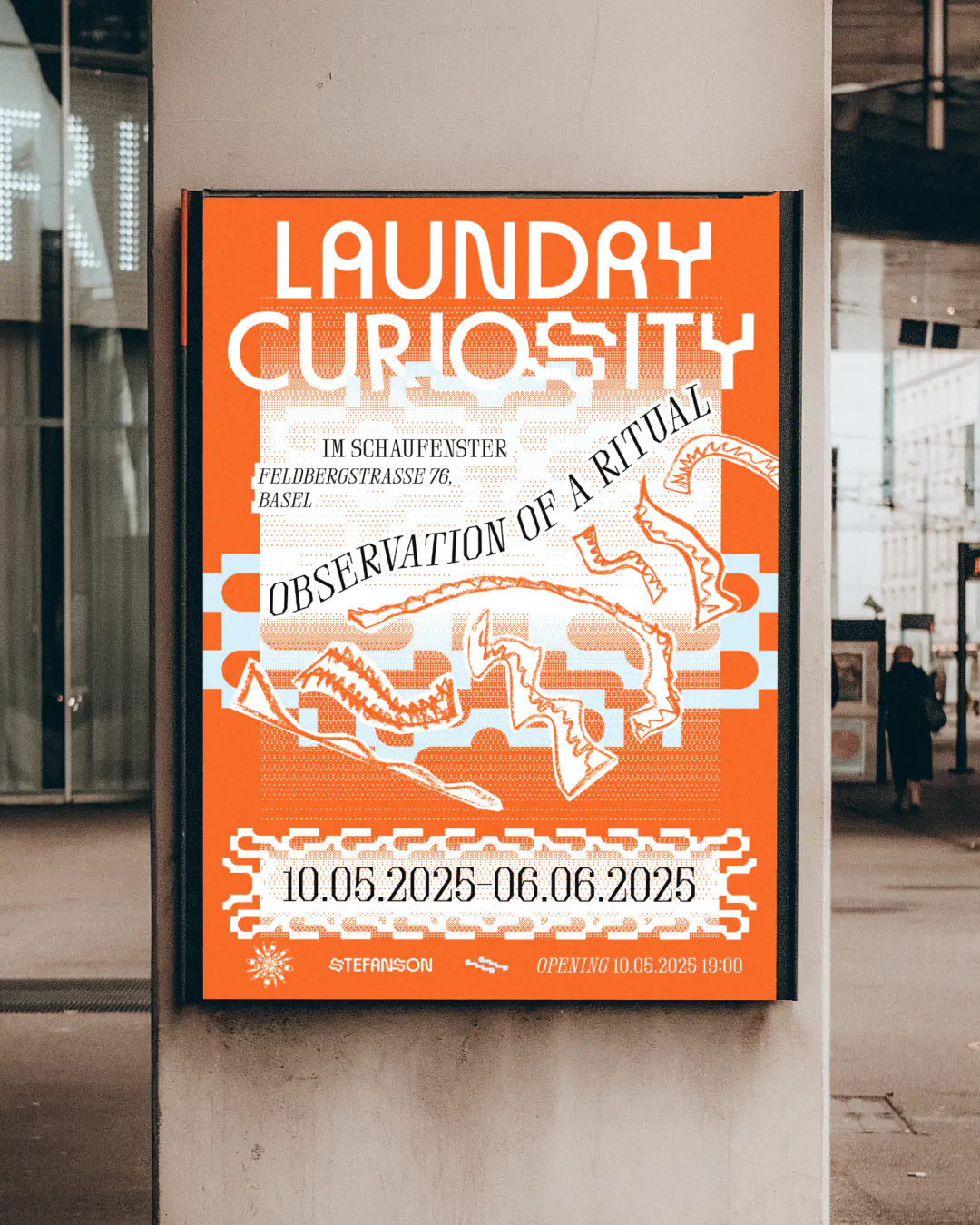Poster design on wall for "Laundry Curiosity: Observation of a Ritual" art exhibition in Basel, May–June 2025.