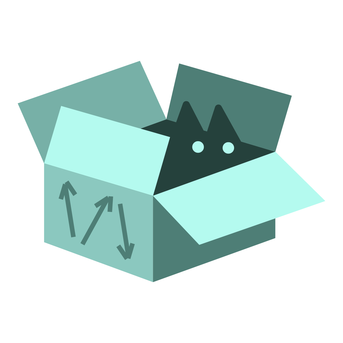 An illustration of a cat inside a small box which opens and closes from one side, representing taking action. The cardboard box, has three arrows on one side, targeting up and down in different directions.