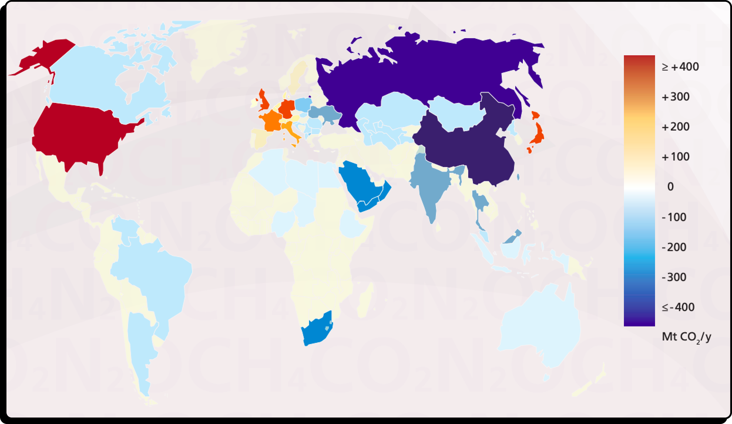 Les différences mondiales d'émissions liées à la consommation et la production en 2004 en Mt CO2/an