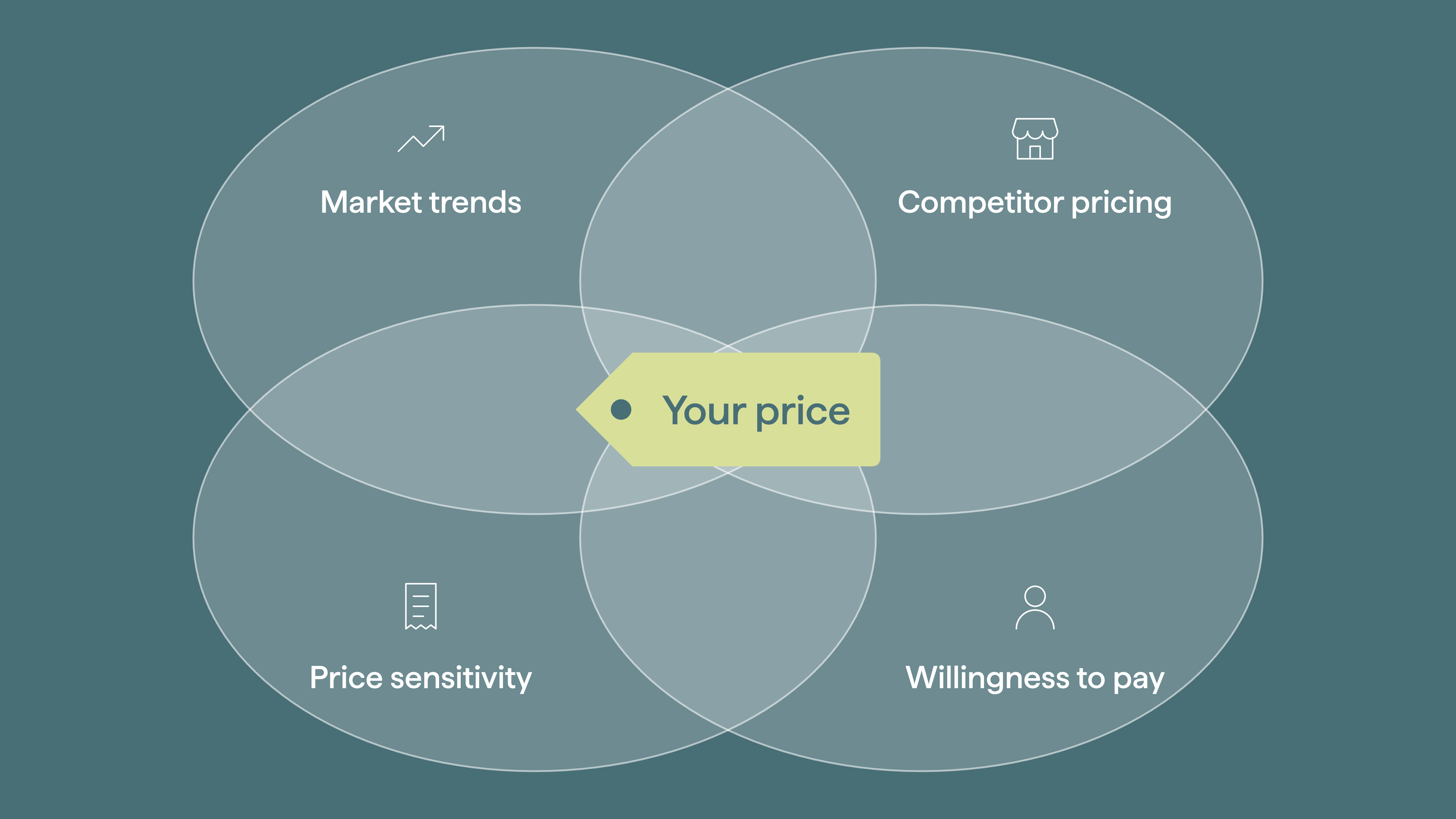 Four overlapping circles for market trends, competitor pricing, price sensitivity, and willingness to pay, with “Your price” where all four meet. All work a pricing strategy consultant would do.