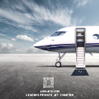 Side view of a private jet with stairs extended on an airport runway under a cloudy sky.