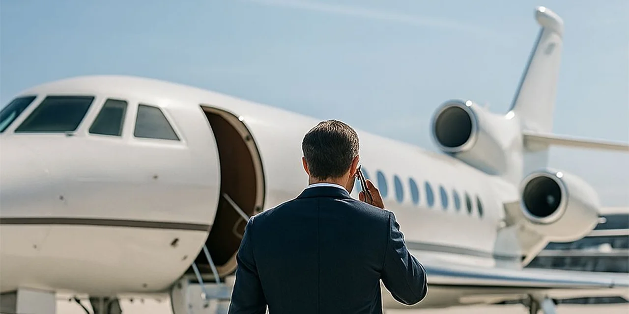 Sötét öltönyben lévő férfi telefonon beszél, miközben egy fehér magánrepülőgép nyitott ajtaja közelében áll egy tiszta napon.