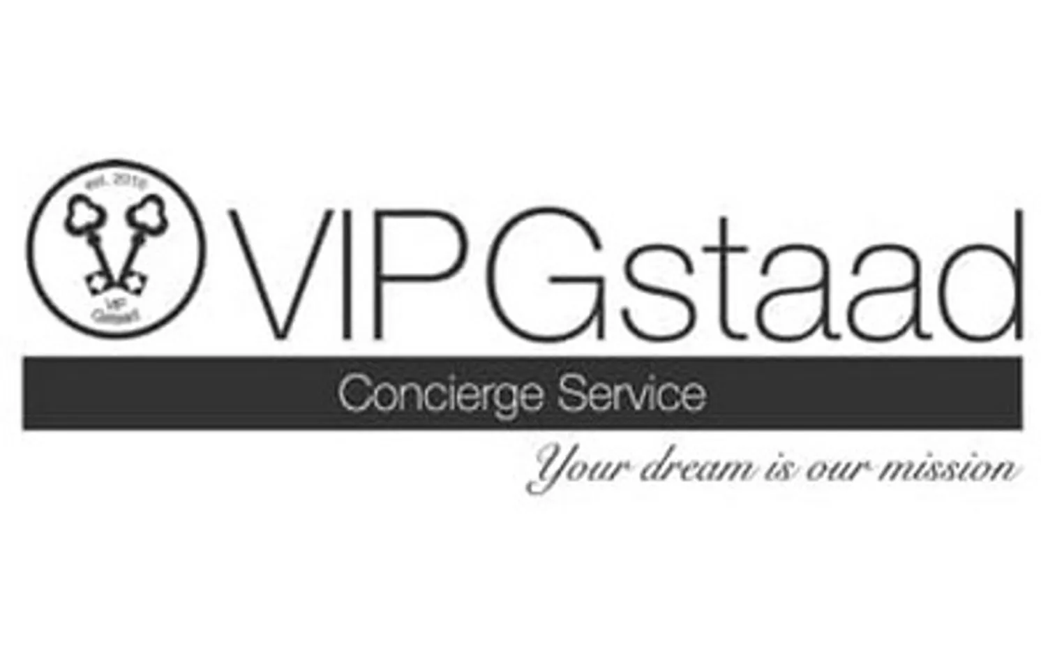 VIP Gstaad logo with two crossed vintage keys in a circle, text 'Concierge Service' and 'Your dream is our mission'.
