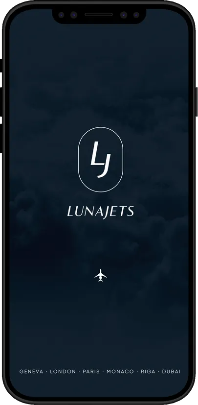 Mobile phone screen displaying the Lunajets app splash with logo, an airplane icon, and city names Geneva, London, Paris, Monaco, Riga, Dubai.