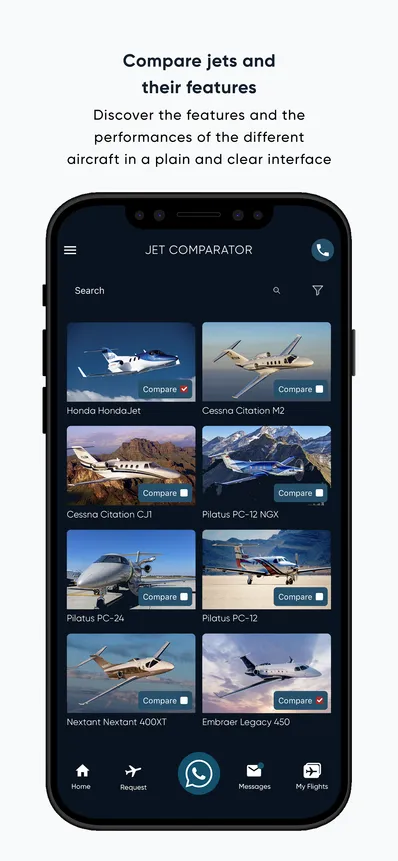 Mobile app screen for Jet Comparator showing a list of jets with images and compare buttons, including Honda HondaJet, Cessna Citation M2, and others, with navigation icons at the bottom.