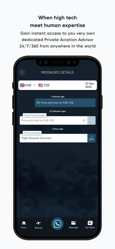 Smartphone screen showing a private aviation messaging app with flight request and price estimate messages between FAB and TEB airports, featuring a bottom menu with Home, Request, WhatsApp, Messages, and My Flights icons.
