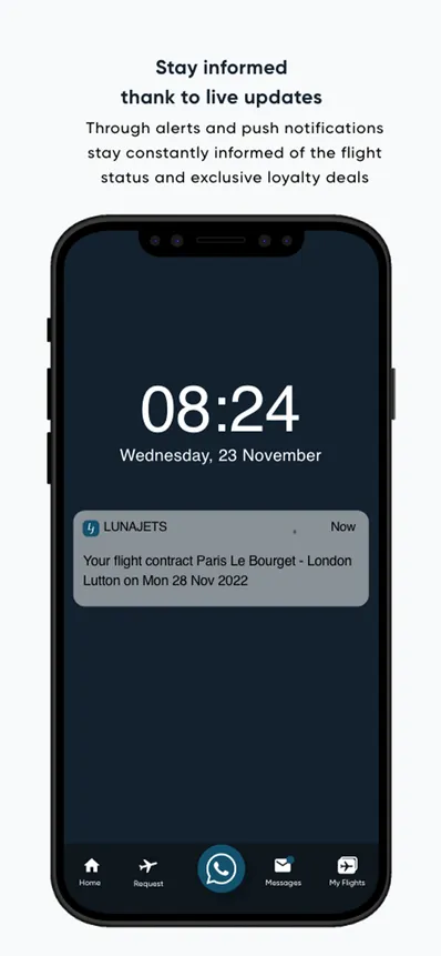 Smartphone screen showing a notification from LunaJets about a flight contract from Paris Le Bourget to London Luton on November 28, 2022, with text encouraging staying informed through live updates and push notifications.