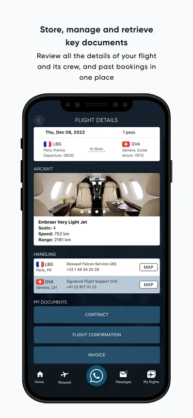 Mobile app screen showing flight details including departure and arrival, aircraft info with image of jet interior, handling contacts with map buttons, and document options for contract, flight confirmation, and invoice.