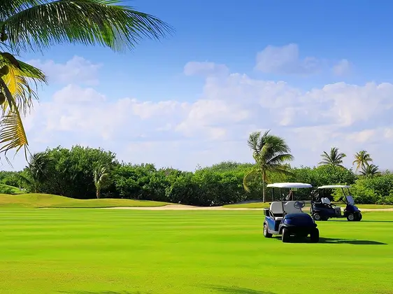 Dos carritos de golf en un campo de golf verde brillante bajo un cielo azul con nubes dispersas y palmeras.