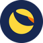 Yellow and orange crescent shape resembling a stylized planet or moon on a dark blue circular background.