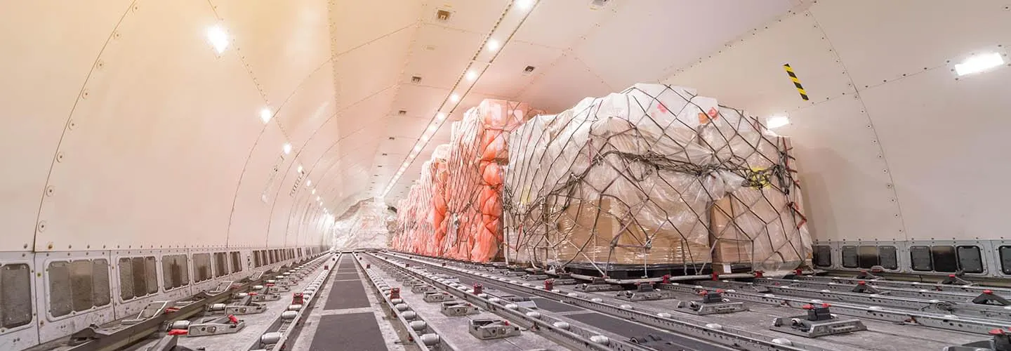 Interior of a cargo plane with pallets of goods secured by nets on the right side.