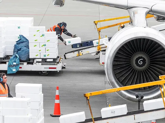 Workers loading white cargo boxes onto an airplane conveyor belt next to a jet engine on an airport tarmac.
