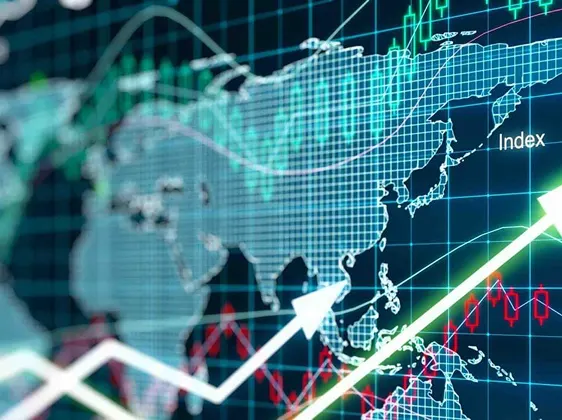 Digital world map with overlaid financial graphs and rising arrows indicating global economic growth trends.