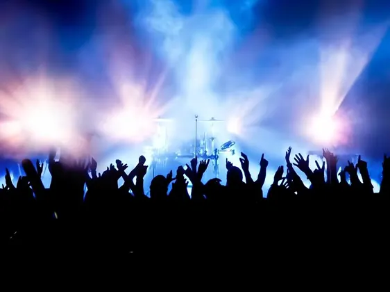 Silhouetted concert crowd with raised hands in front of bright stage lights and smoke effects.