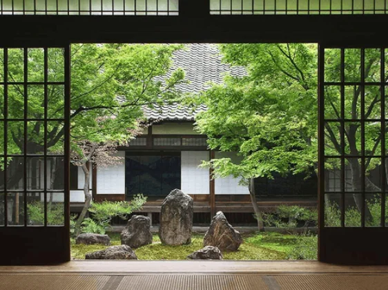 Peaceful zen garden with wooden deck and forest view for spiritual wellness retreat
