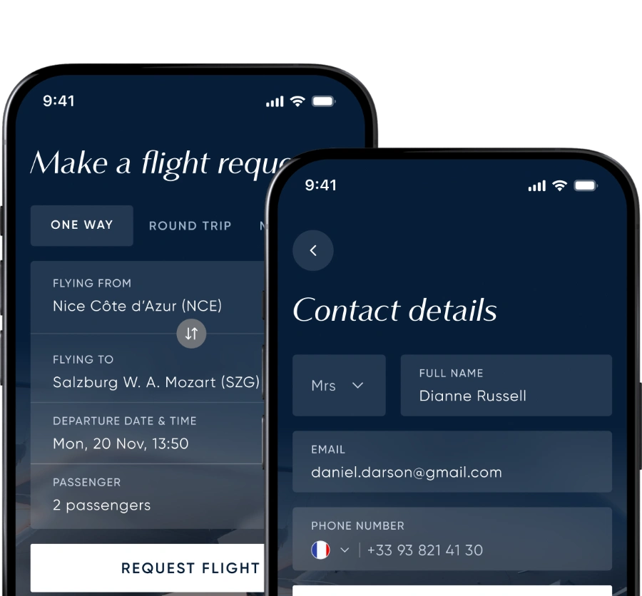Mobile app interface showing a flight request screen with departure from Nice Côte d'Azur to Salzburg and a contact details screen with form fields for full name, email, and phone number.