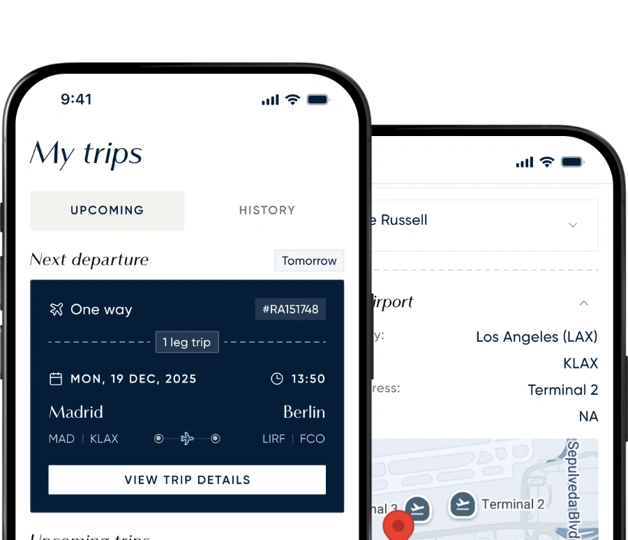 Zwei Smartphone-Bildschirme, auf denen die LunaJets Reiseverfolgungsschnittstelle mit den Tabs „Bevorstehende Reisen“ und „Verlauf“ angezeigt werden, auf denen Flugdetails und Ziele angezeigt werden
