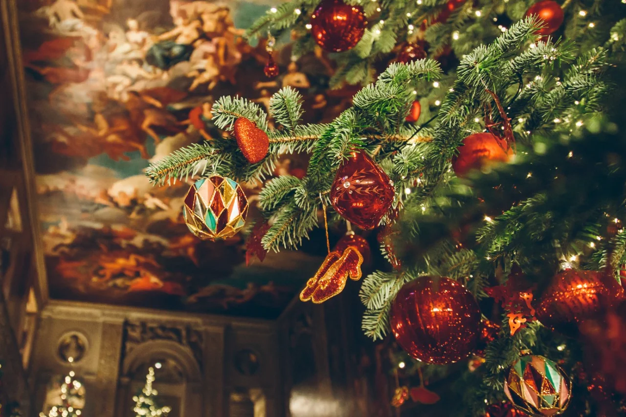 Elegant Christmas tree decorated with red and gold ornaments and white lights inside historic Chatsworth House, with ornate ceiling frescoes in background
