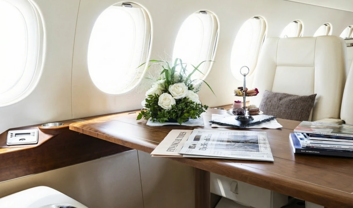 Luxuriöse Flugzeugausstattung mit weißem Ledersitz, Holztisch mit Blumenarrangement, Gebäck auf einem Ständer, Zeitschriften und einer Zeitung.